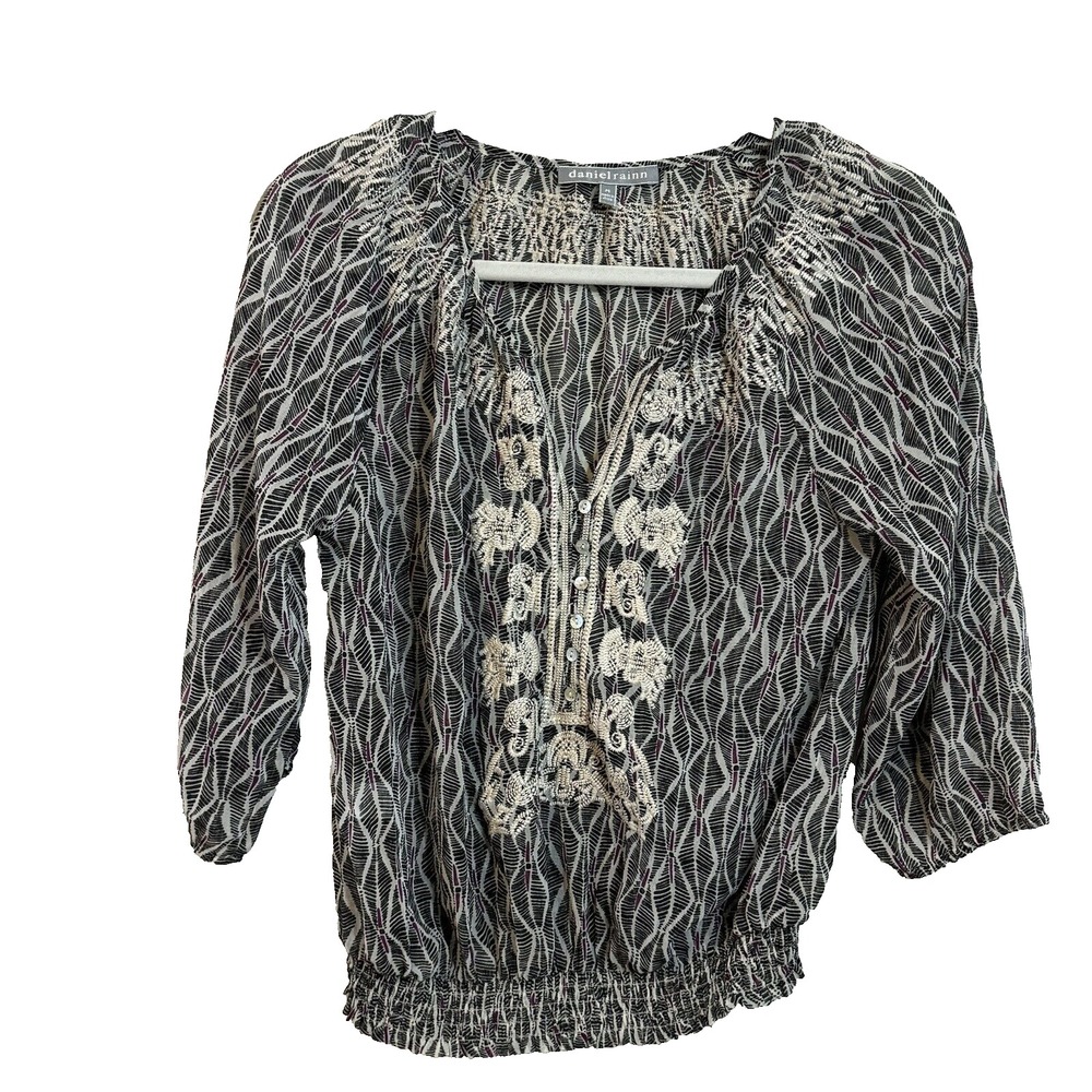 Daniel Rainn Womens Black Purple Ikat Embroidered Smocked Hem Blouse 11436P M